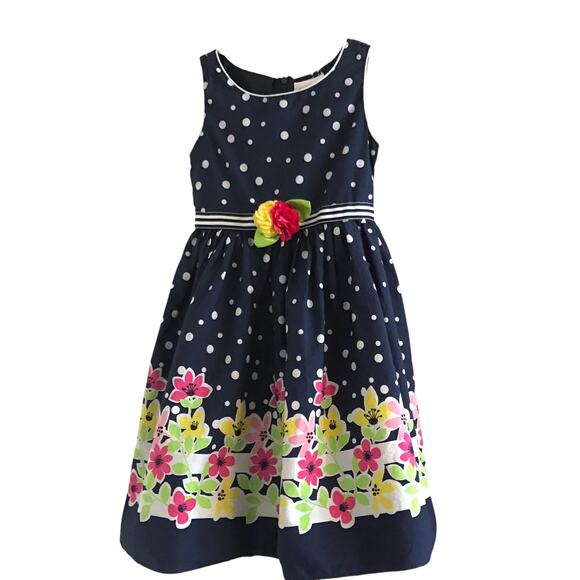 Youngland Dress Navy Blue Floral Polka Dots Sleeveless A-Line Girls Size 6X - Picture 1 of 9